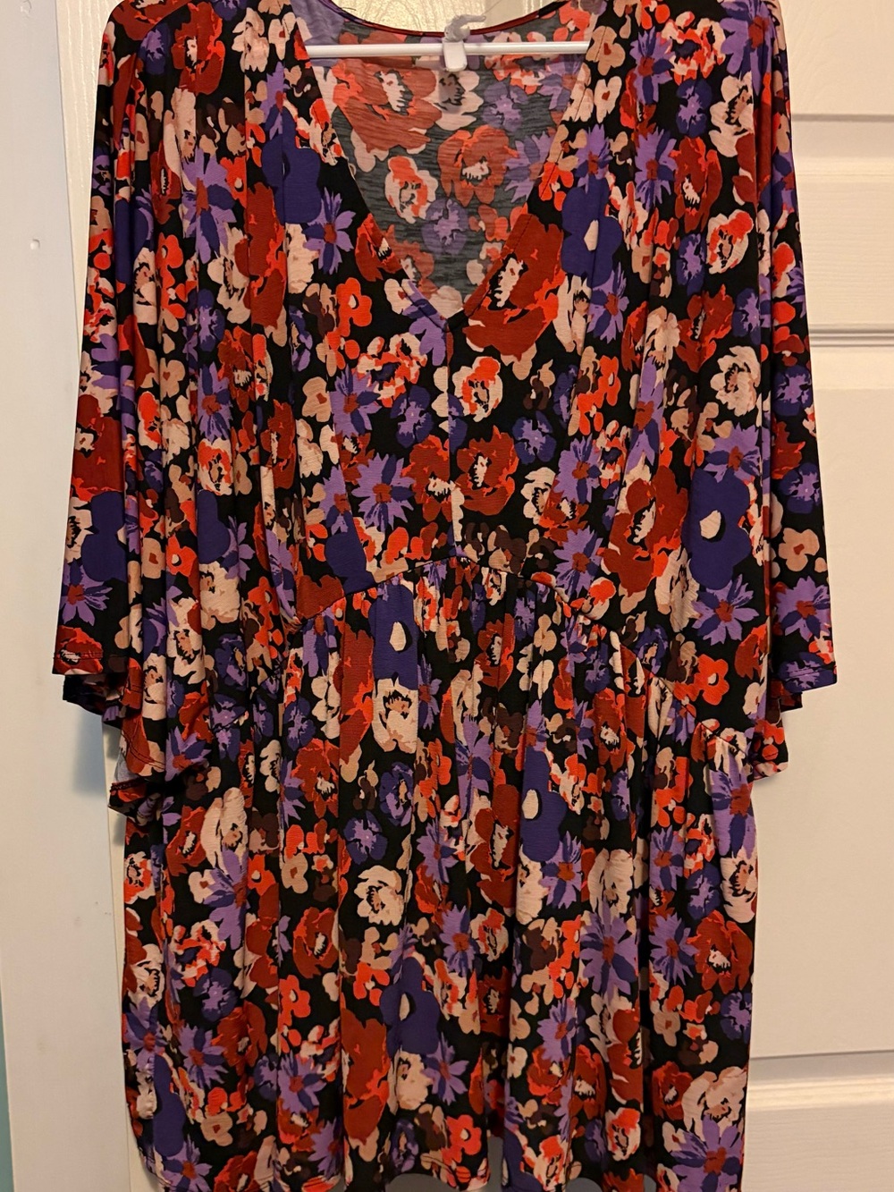 Floral V-Neck Tunic Top in Red, Purple & Black